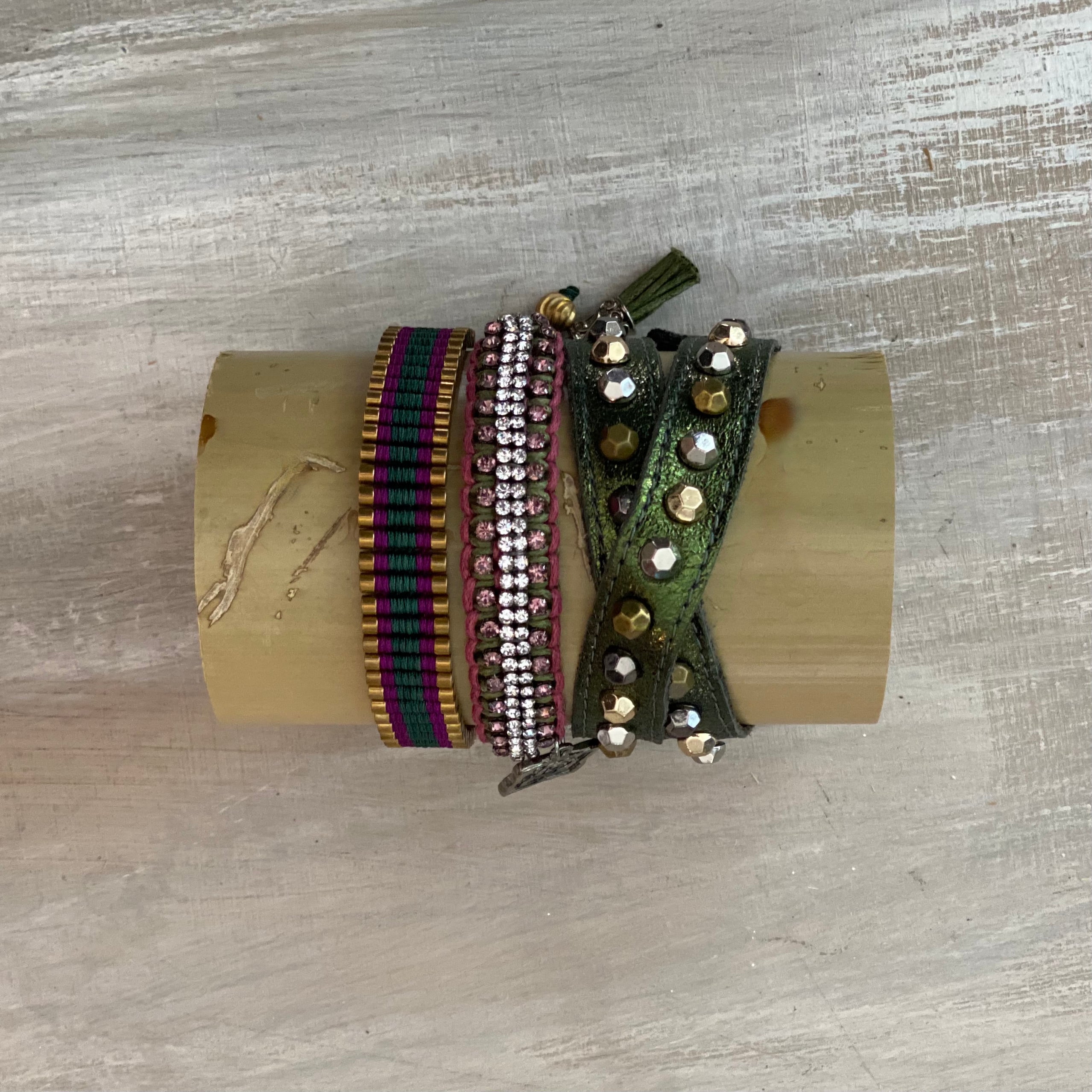 Camo: Macrame String & Leather Wrap around Bracelet Set