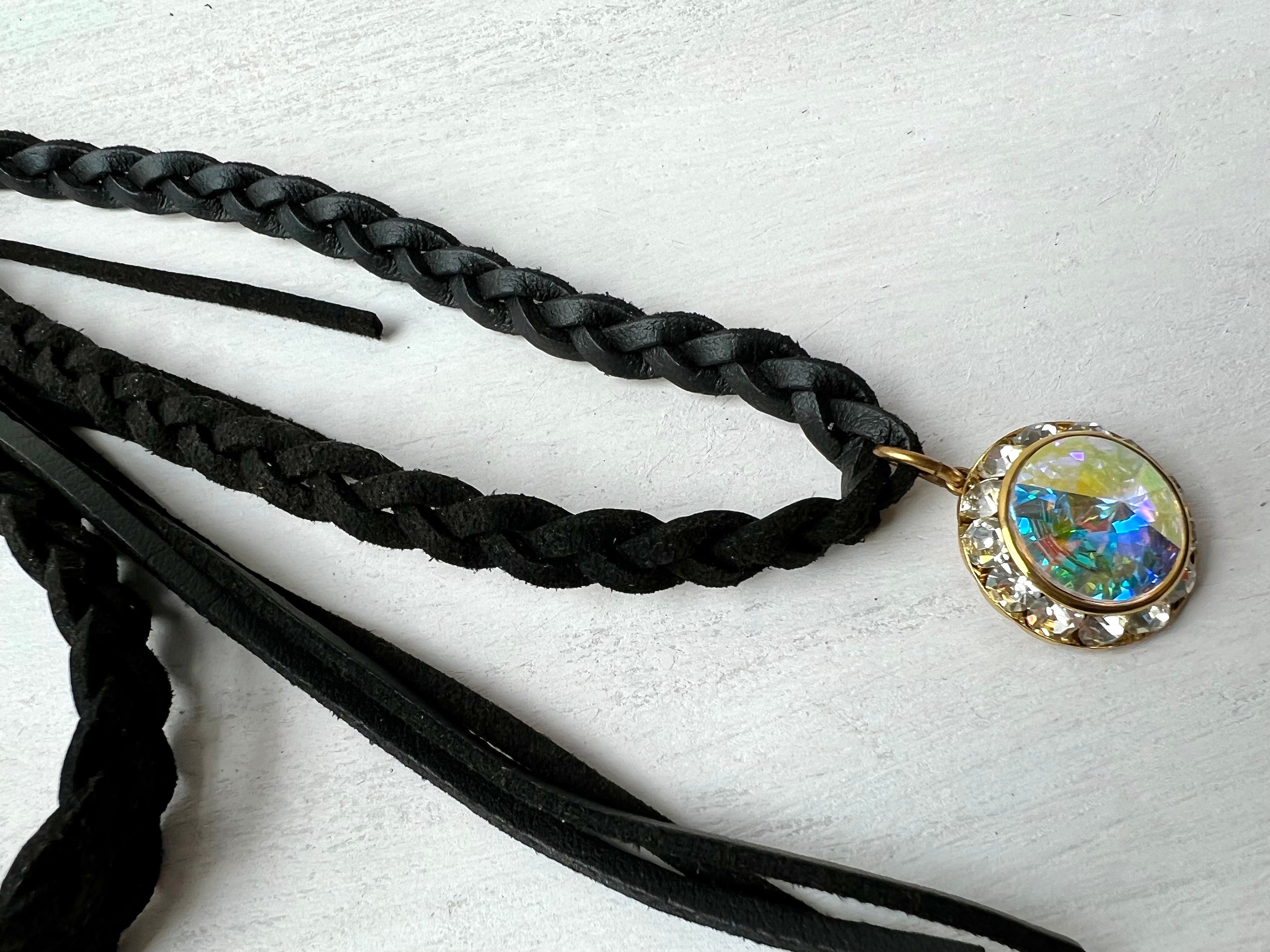 RGS-N073: Handcrafted Swarovski Crystal Leather Braided Rope Necklace