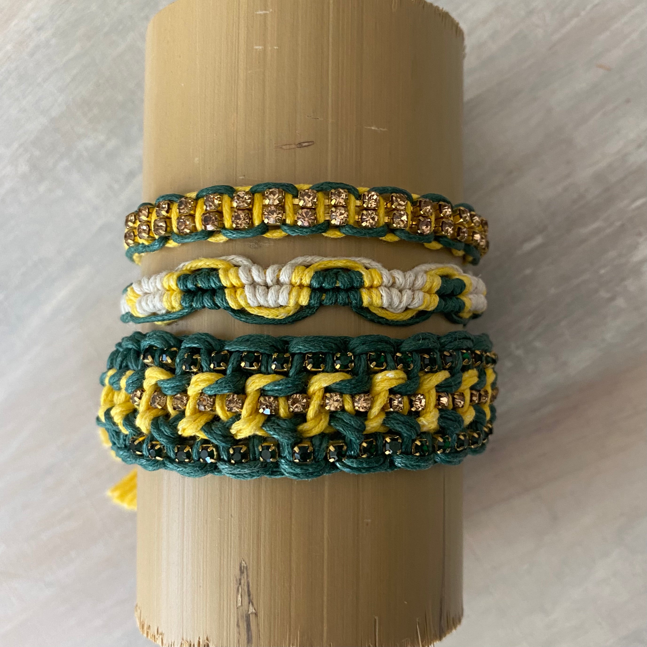 Game Day: Emerald/Teal green & Athletic Gold- Macrame String Bracelet Set