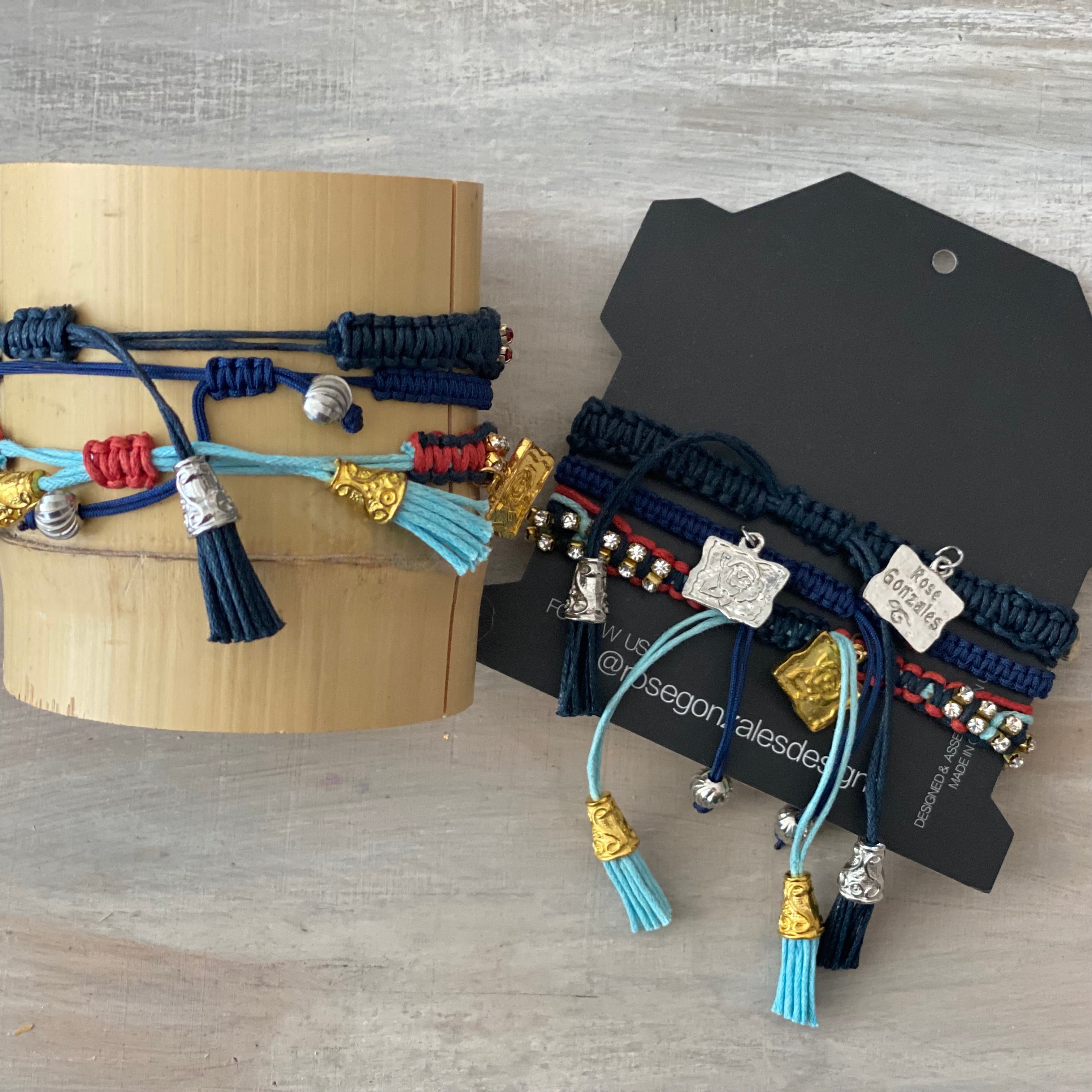 Game Day: Navy Blue, Light Blue, Red & White - Macrame String Bracelet Set