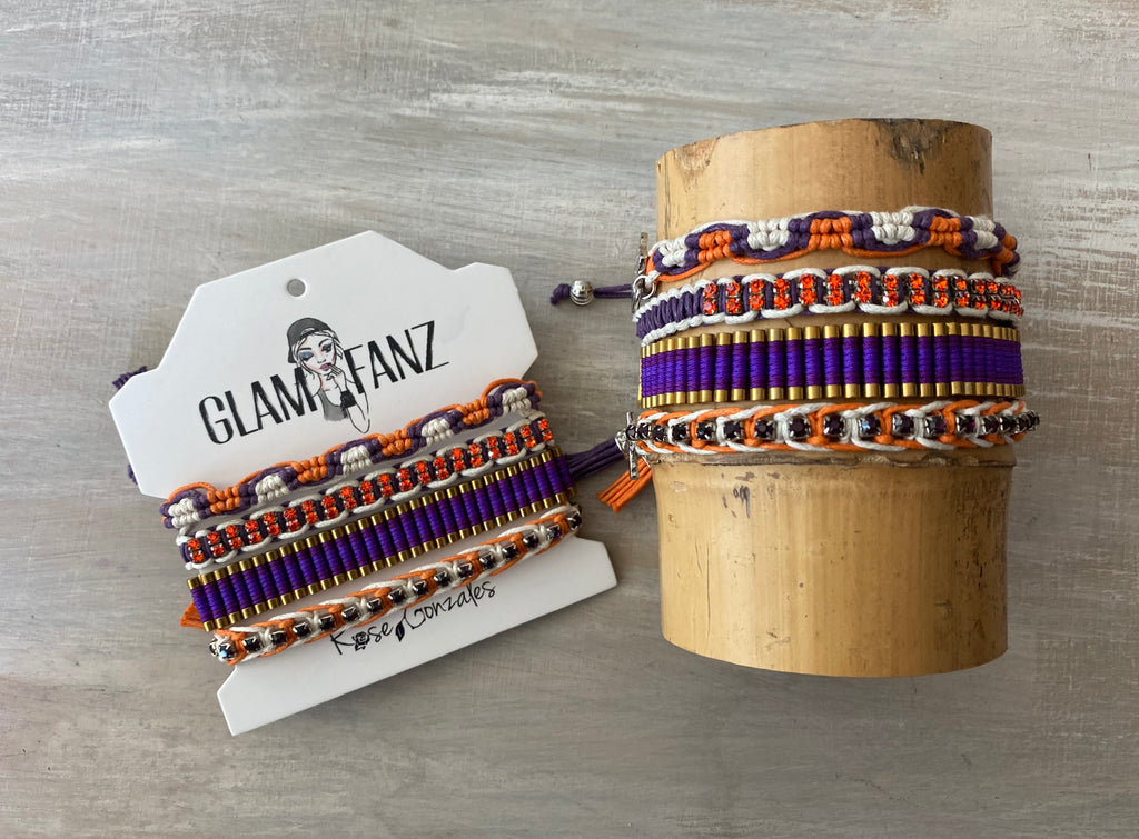 Game Day: Purple, Orange & White - Macrame String Bracelet Set