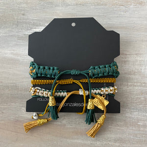 Game Day: Teal Green, Old Gold & White - Macrame String Bracelet Set