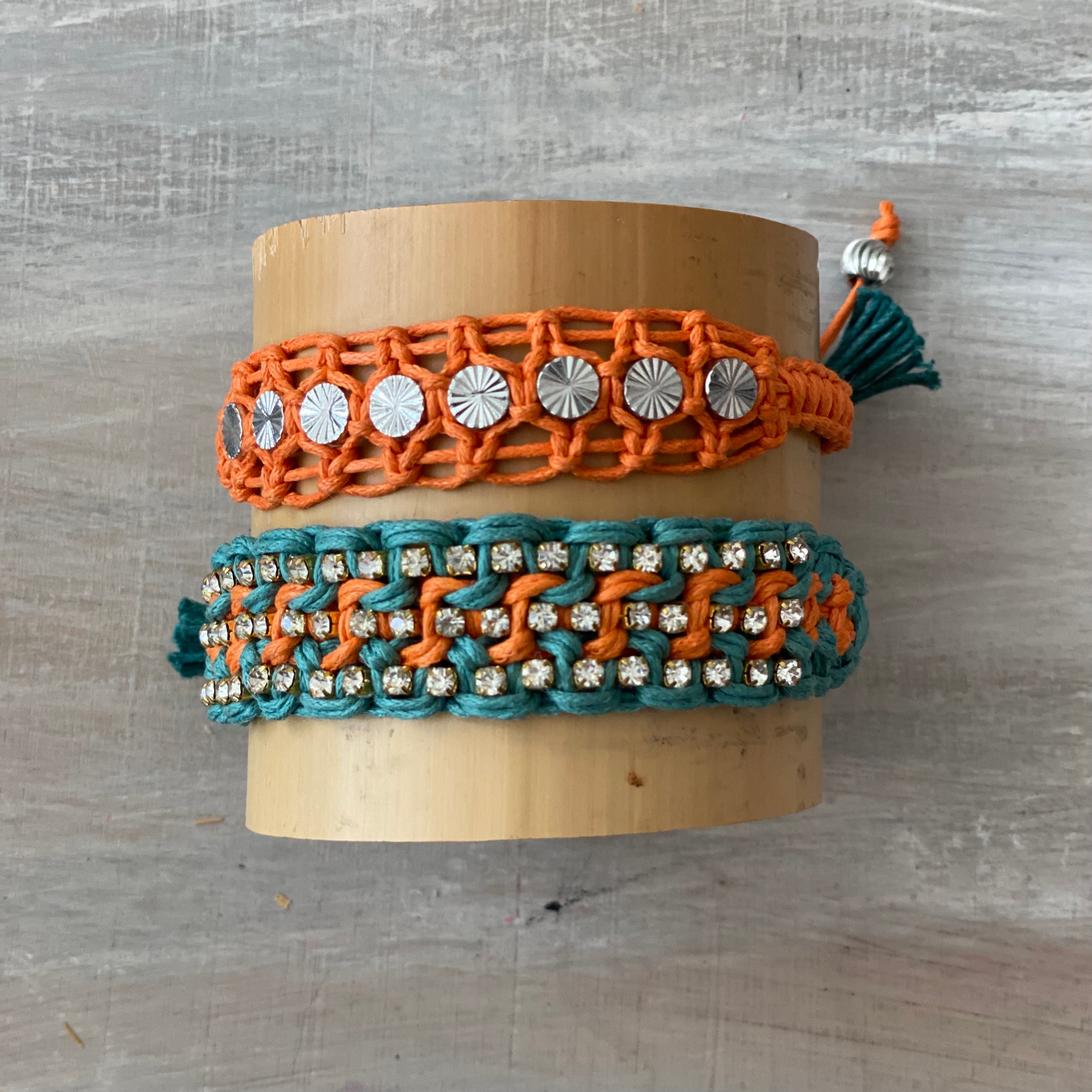 Game Day: Aqua Green & Orange - Macrame String Bracelet Set