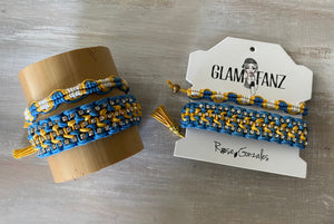 Game Day: Cobalt Blue, Yellow & White- Macrame String Bracelet Set