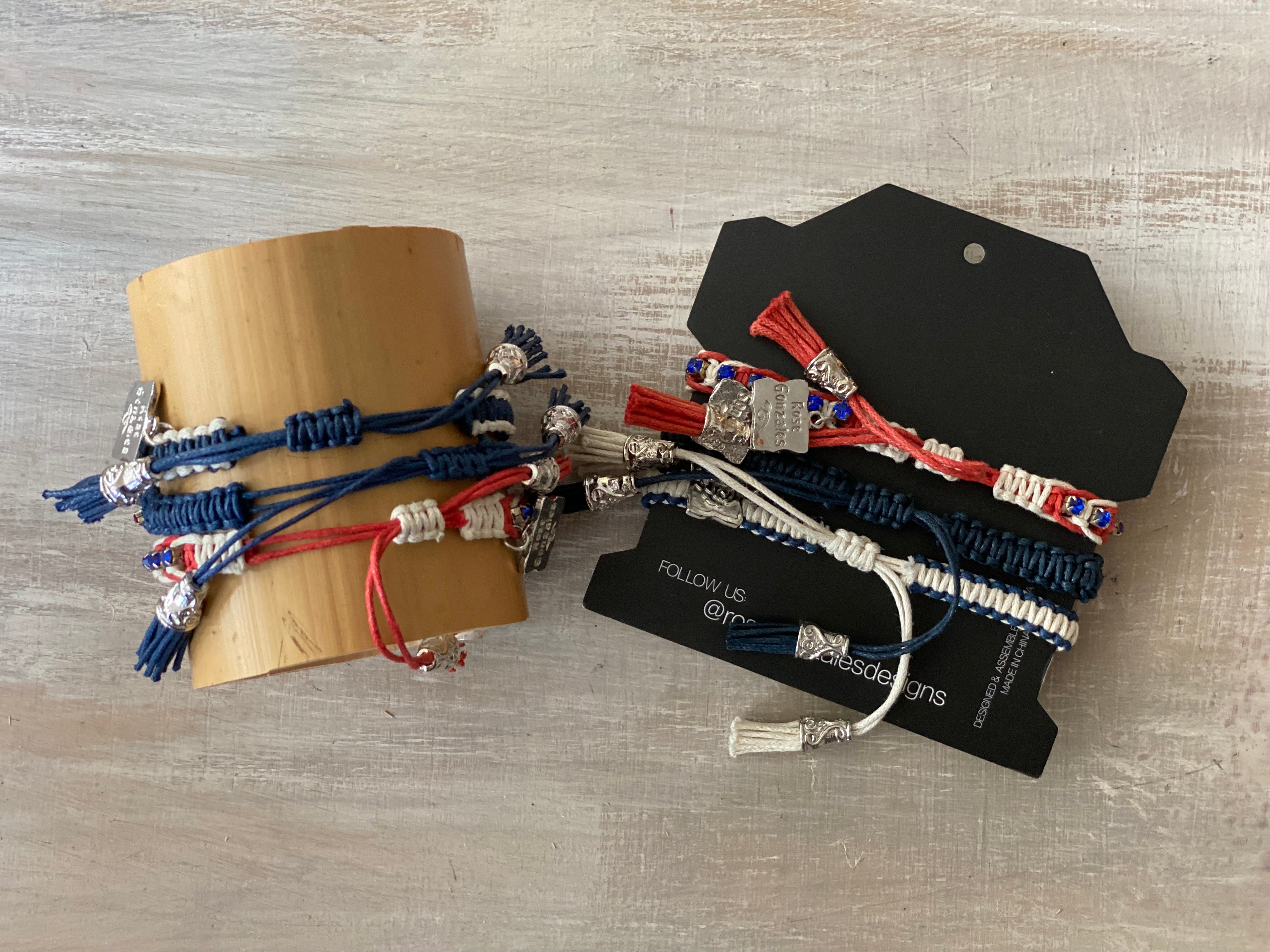 Game Day: Navy/Royal Blue , Red & White - Macrame String Bracelet Set