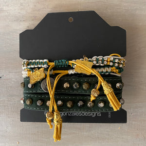 Game Day: Teal Green, Athletic Gold & White- Macrame String Bracelet Set