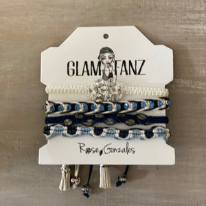 Game Day: Lt. Blue, Navy Blue & White- Macrame String Bracelet Set