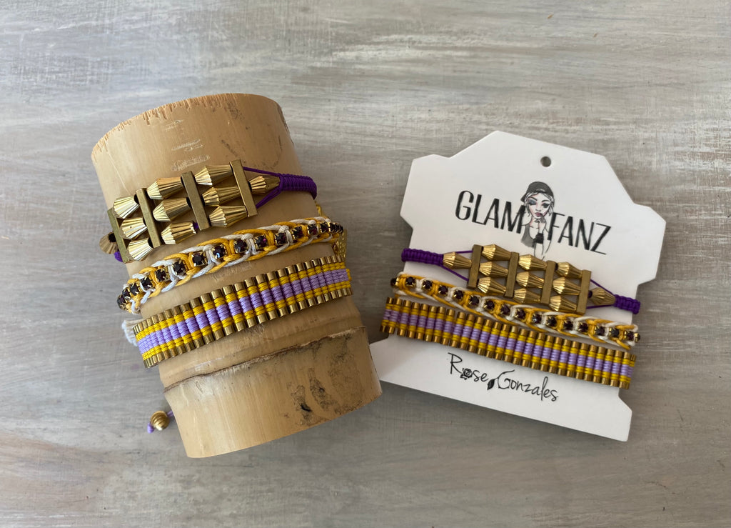 Game Day: Purple, Athletic Gold & White - Macrame String Bracelet Set