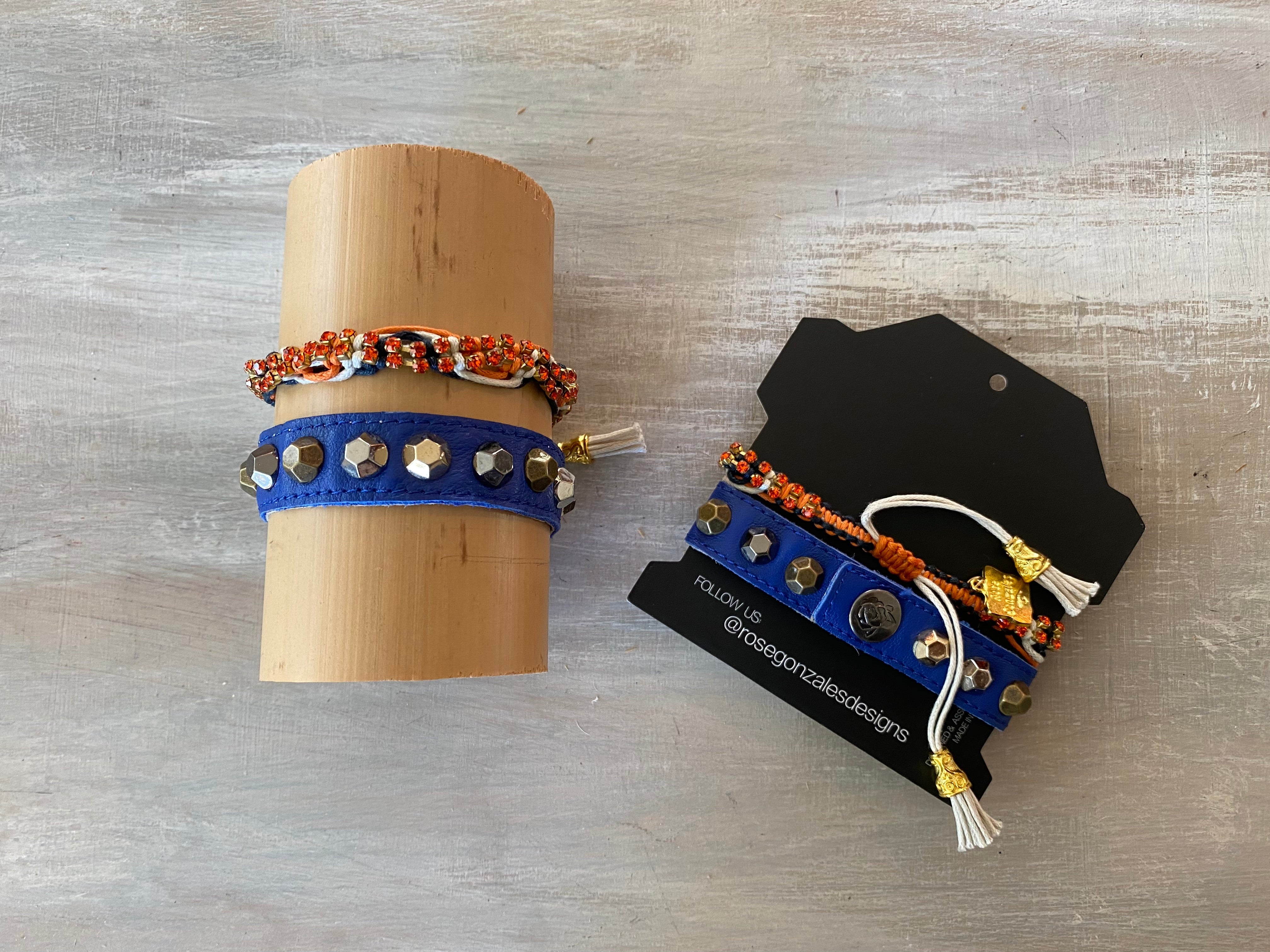 Game Day: Royal Blue & Orange w/white - Macrame String Bracelet Set